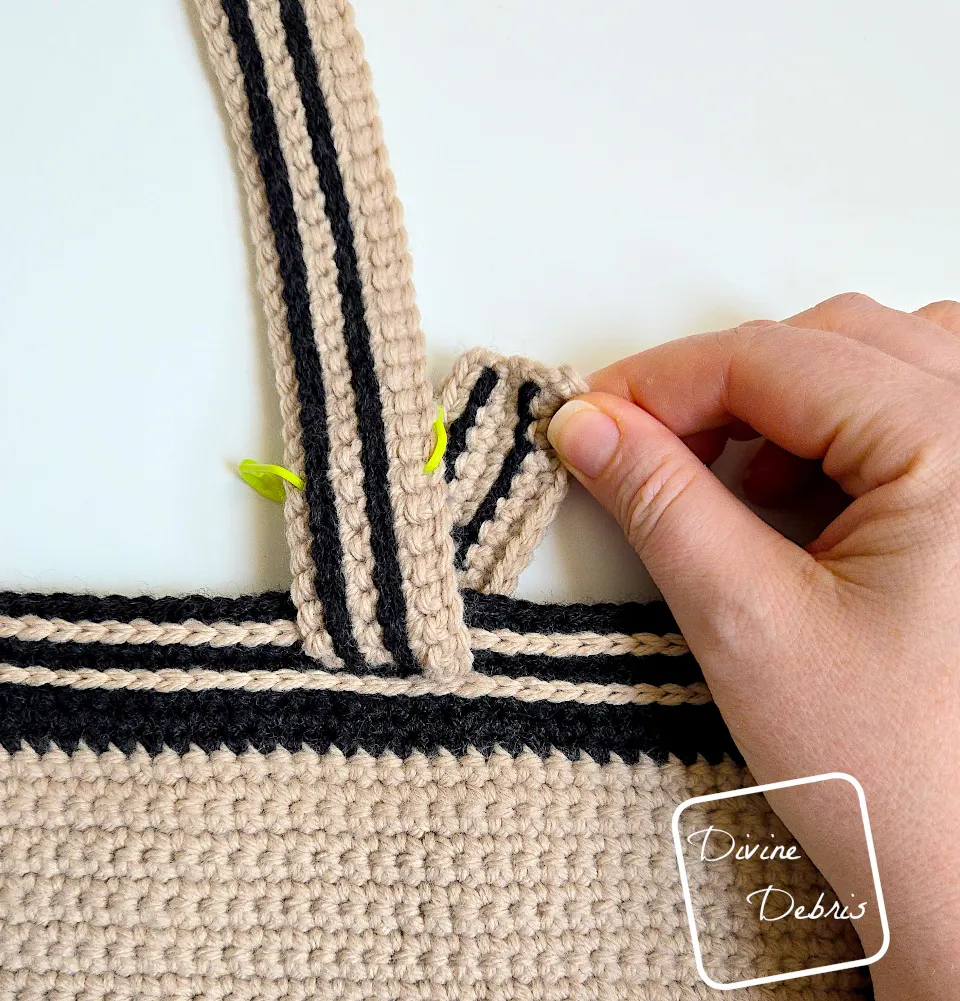 [Image description] Close up of the Be Brave Bag crochet pattern right-hand side attachment of the Straps.