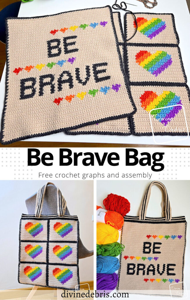 Learn to make the Be Brave Bag crochet pattern from free crochet graphs and assembly instructions. Perfect accessory for Pride Month.
