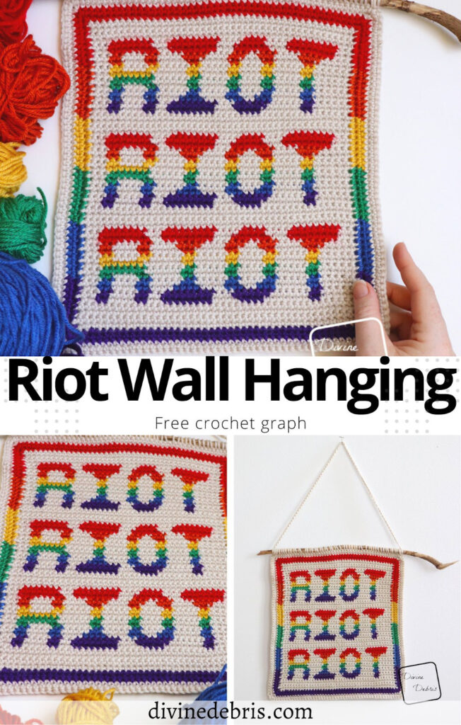Learn to make the Riot Wall Hanging from a free crochet graph by Divine Debris, perfect for knitting, cross stitch, and more fiber arts.
