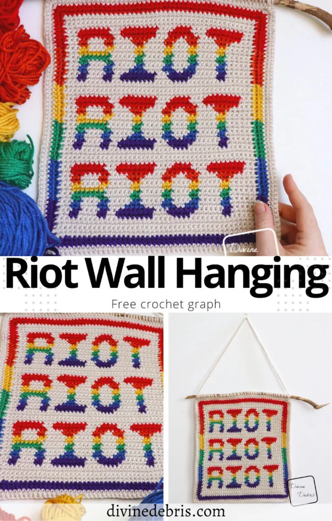 Learn to make the Riot Wall Hanging from a free crochet graph by Divine Debris, perfect for knitting, cross stitch, and more fiber arts.