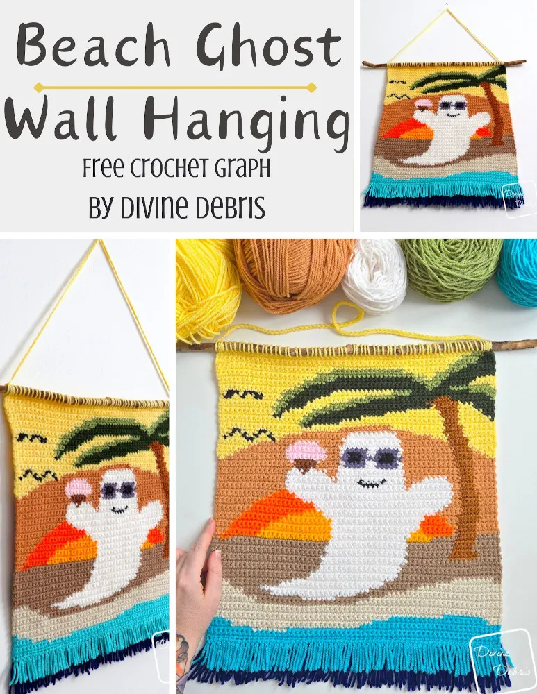 Learn to make the Beach Ghost Wall Hanging, perfect for your summerween or Halloween friends, from a free crochet graph by Divine Debris. Great for all fiber arts.
