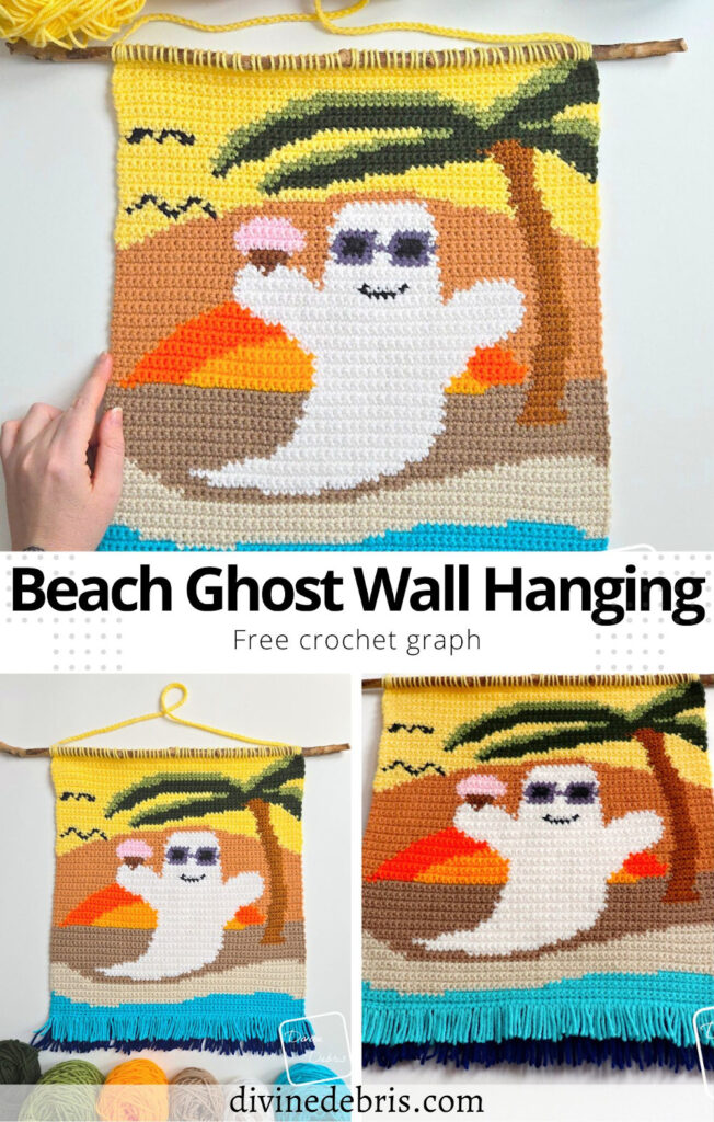 Learn to make the Beach Ghost Wall Hanging, perfect for your summerween or Halloween friends, from a free crochet graph by Divine Debris. Great for all fiber arts.