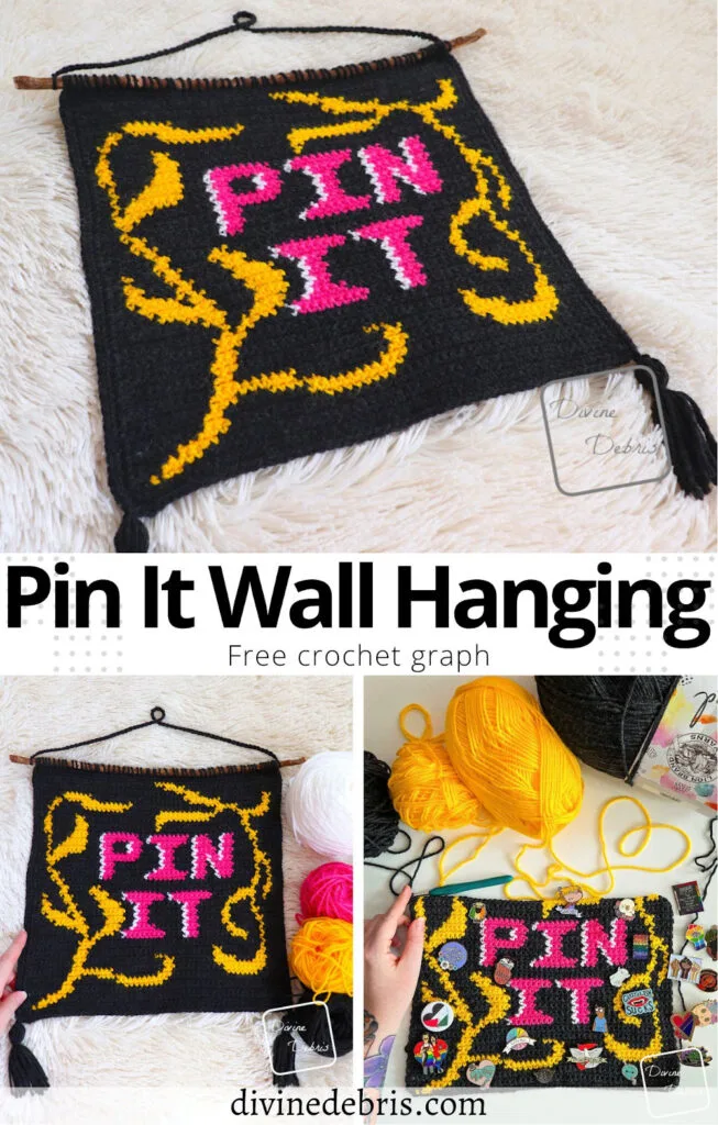 Learn to make the Pin It Wall Hanging from a free crochet graph by Divine Debris. This is a fun and cute way to display your pins and buttons collection.