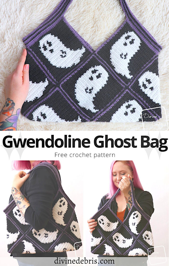 Learn to make this fun and eye-catching design, the Gwendoline Ghost Bag, from free crochet graph and assembly instructions by Divine Debris.