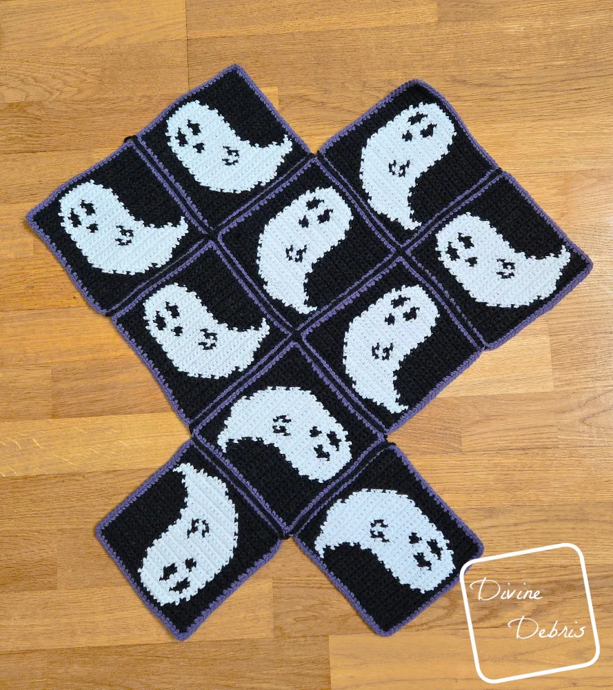 [Image description] Gwendoline Ghost Bag assembly photo 1 - all 13 squares are seamed and are laying on an wooden background