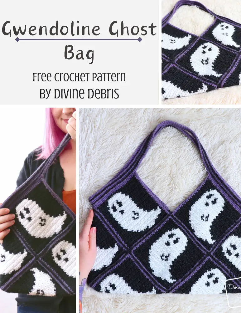 Learn to make this fun and eye-catching design, the Gwendoline Ghost Bag, from free crochet graph and assembly instructions by Divine Debris.