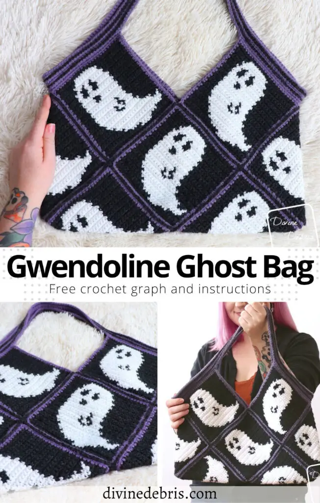 Learn to make this fun and eye-catching design, the Gwendoline Ghost Bag, from free crochet graph and assembly instructions by Divine Debris.