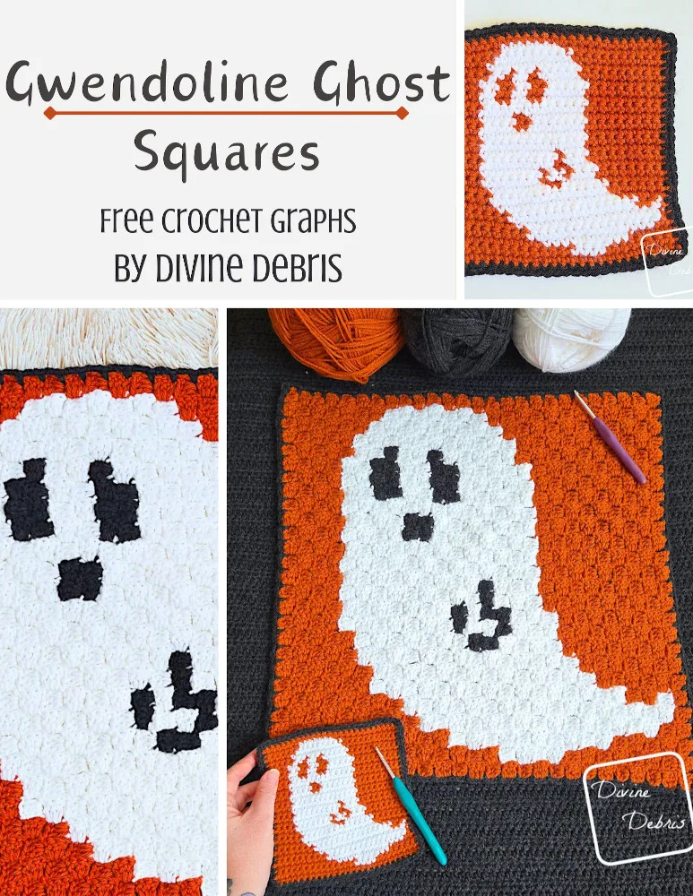 Learn to make the Gwendoline Ghost Squares, a pair of crochet squares in two different ways - tapestry and C2C - from 2 free crochet graphs. 