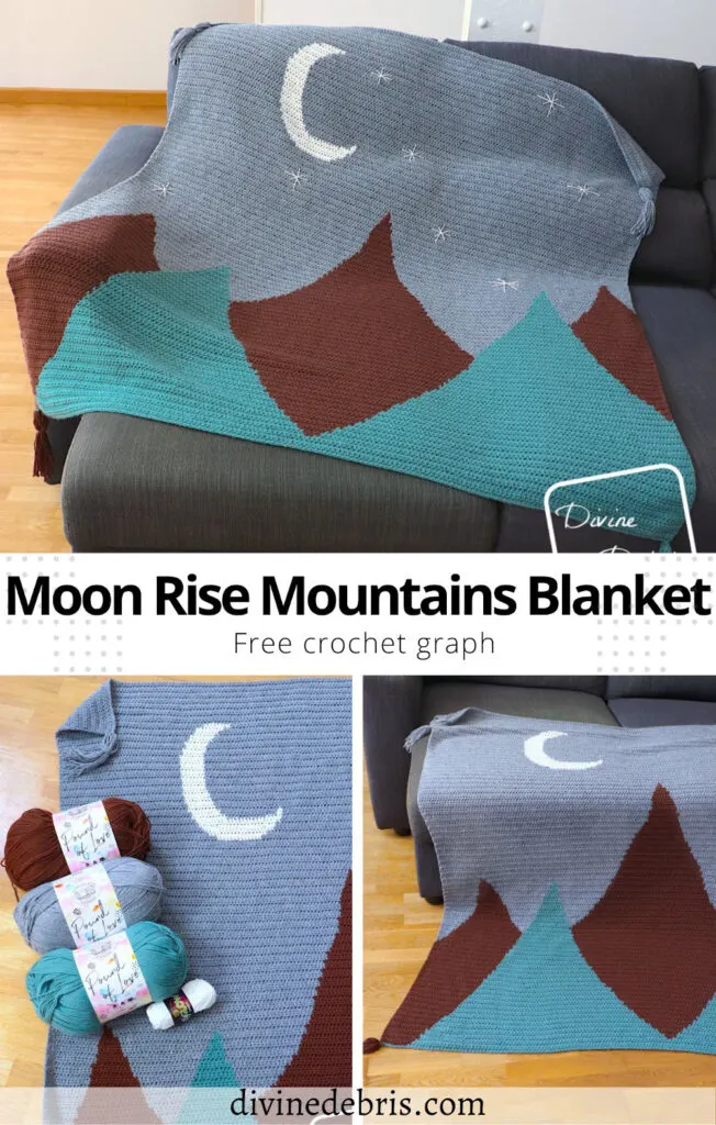 Learn to make the Moon Rise Mountains Blanket, an adventure of color and half double crochet stitches, from a free crochet graph by Divine Debris. Great for crochet, knitting, cross stitch, and many more fiber arts.