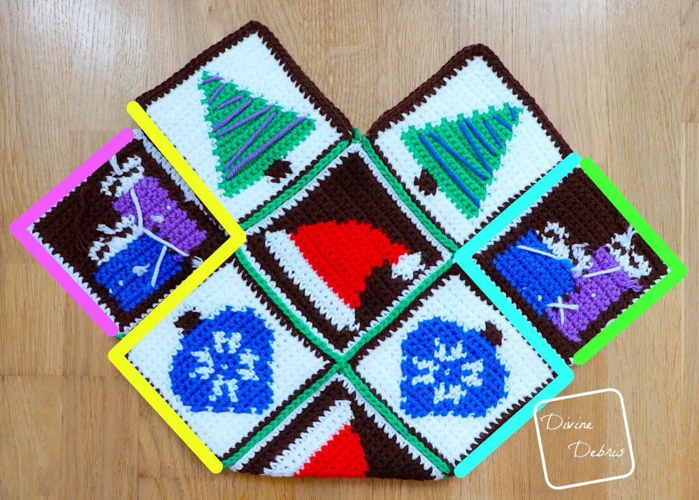 [Image description] Patchwork Christmas Bag assembly photo 3 - the 13 squares have been folded in half for further seaming.