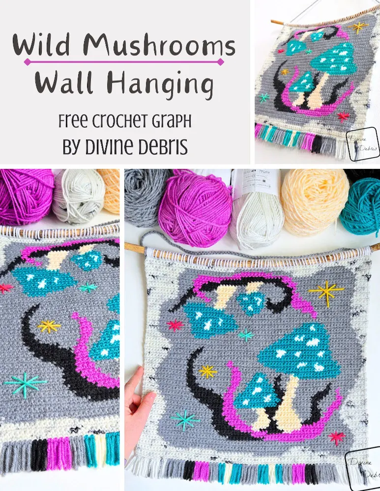 Learn to make the Wild Mushrooms Wall Hanging from a free crochet graph by Divine Debris. Great for crochet, Tunisian crochet, knitting, cross stitch, and more fiber arts.