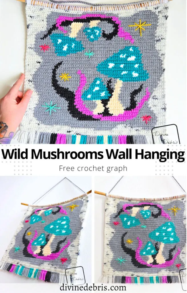 Learn to make the Wild Mushrooms Wall Hanging from a free crochet graph by Divine Debris. Great for crochet, Tunisian crochet, knitting, cross stitch, and more fiber arts.
