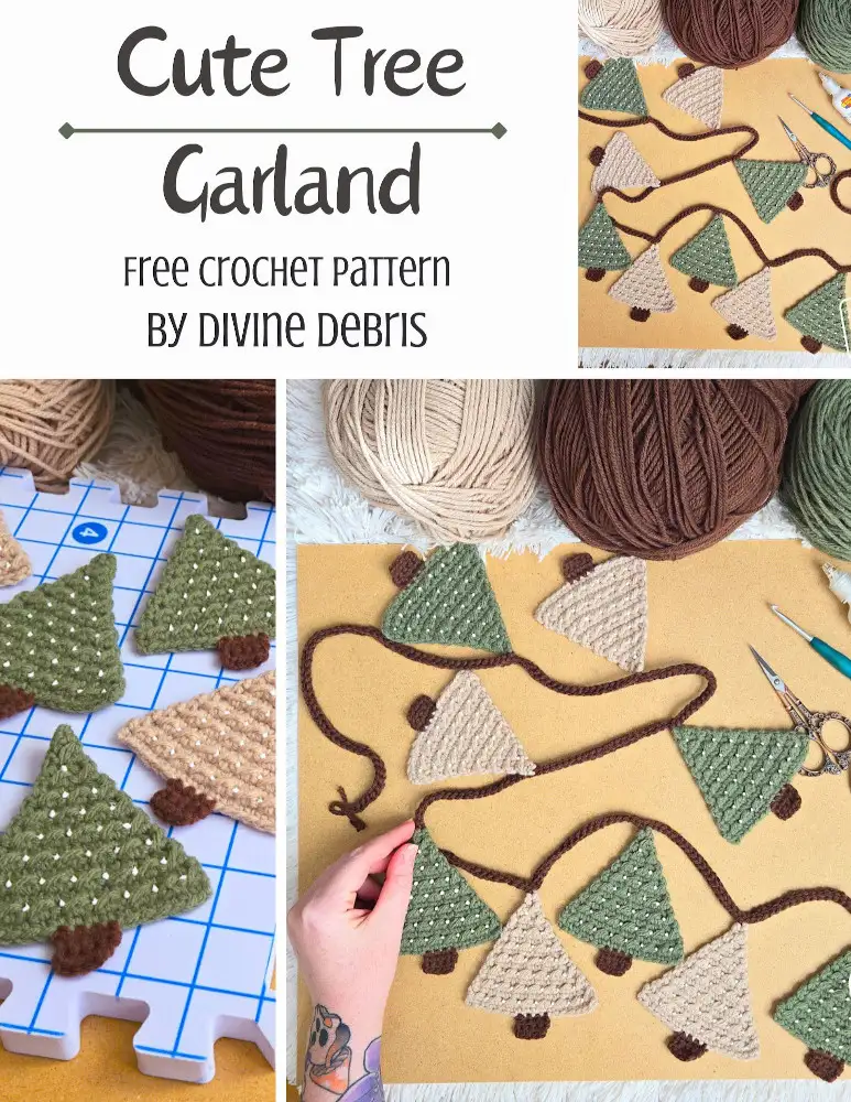 Learn to make the fun and easy Cute Tree Garland crochet pattern from a free tree pattern by Divine Debris. Great for Christmas decorations.