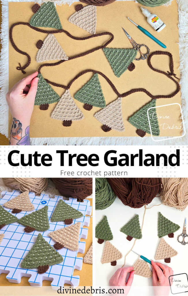 Learn to make the fun and easy Cute Tree Garland crochet pattern from a free tree pattern by Divine Debris. Great for Christmas decorations.