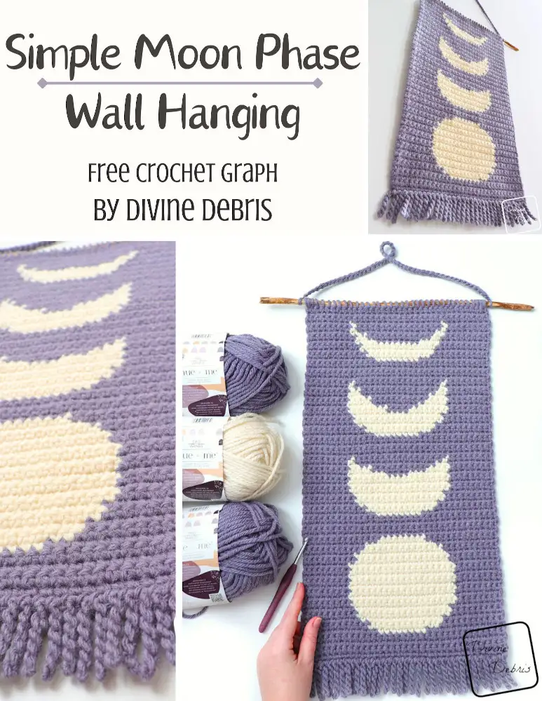 Learn to make the Simple Moon Phase Wall Hanging from a free crochet graph by Divine Debris. Great for crochet, Tunisian crochet, knitting, cross stitch, and more fiber arts.