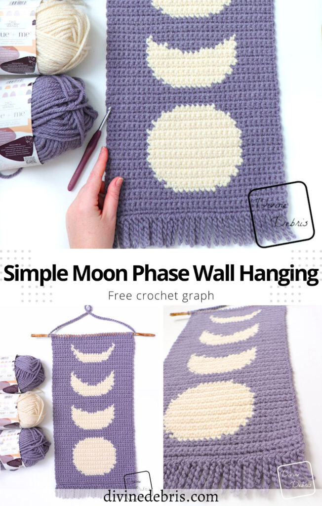 Learn to make the Simple Moon Phase Wall Hanging from a free crochet graph by Divine Debris. Great for crochet, Tunisian crochet, knitting, cross stitch, and more fiber arts.