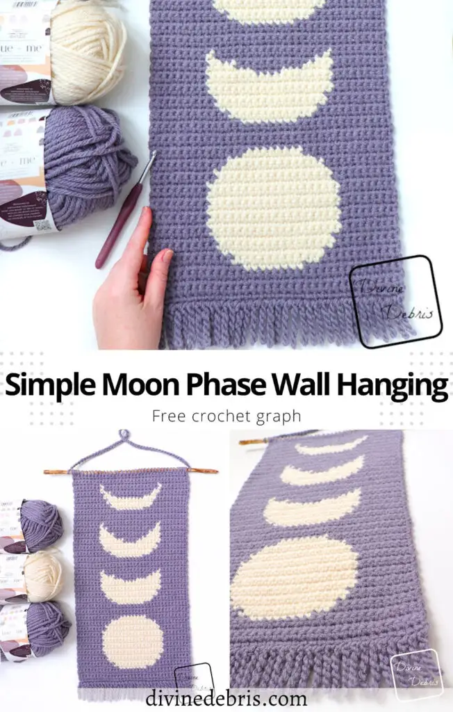 Learn to make the Simple Moon Phase Wall Hanging from a free crochet graph by Divine Debris. Great for crochet, Tunisian crochet, knitting, cross stitch, and more fiber arts.