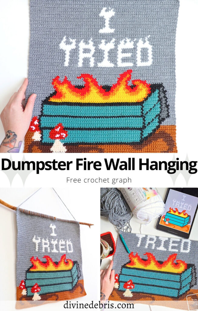Learn to make the Dumpster Fire Wall Hanging pattern from a free crochet graph by Divine Debris. Very customizable, colorful, and exciting to make. Great for all types of fiber arts. 