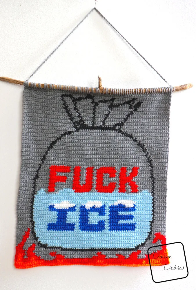 [Image description] The Fuck Ice Wall Hanging hangs on a white background.
