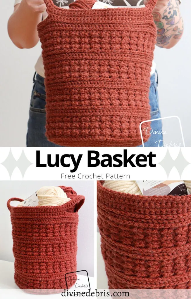 Learn to make the fun, textured, and bulky weight basket, the Lucky Basket from a free crochet pattern by Divine Debris.