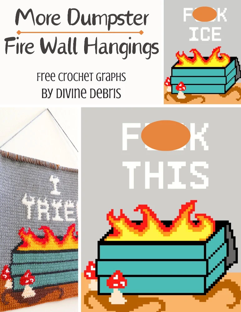 Learn to make the Dumpster Fire Wall Hangings from a free crochet graphs by Divine Debris. Very customizable, colorful, and exciting to make. 