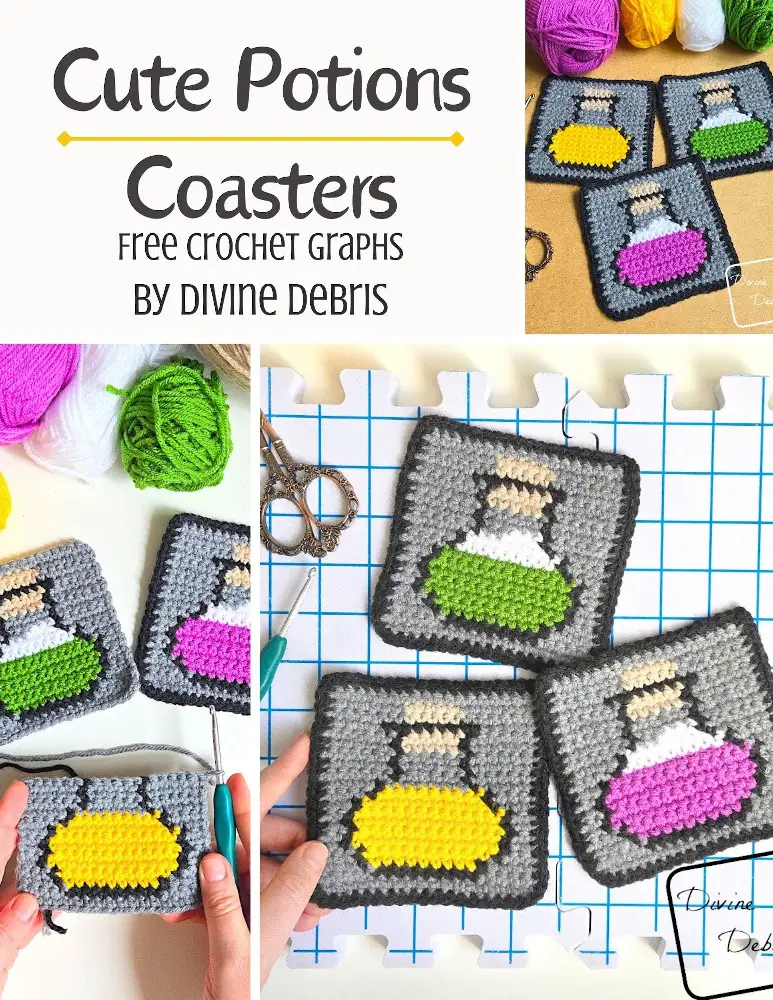 Learn to make the fun, colorful, and perfect for any time of year Cute Potions Coasters crochet graph pattern. Great for home use or as a part of other designs, like scarves, bags, and blankets. The graph can be used for crochet, knitting, Tunisian crochet, and any other fiber art.
