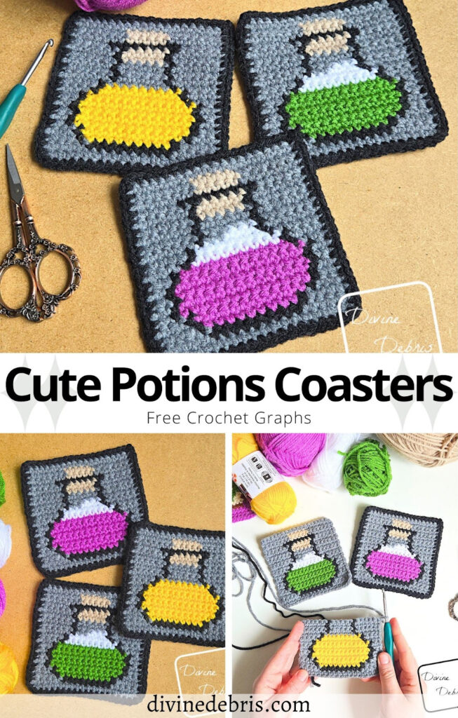 Learn to make the fun, colorful, and perfect for any time of year Cute Potions Coasters crochet graph pattern. Great for home use or as a part of other designs, like scarves, bags, and blankets. The graph can be used for crochet, knitting, Tunisian crochet, and any other fiber art.