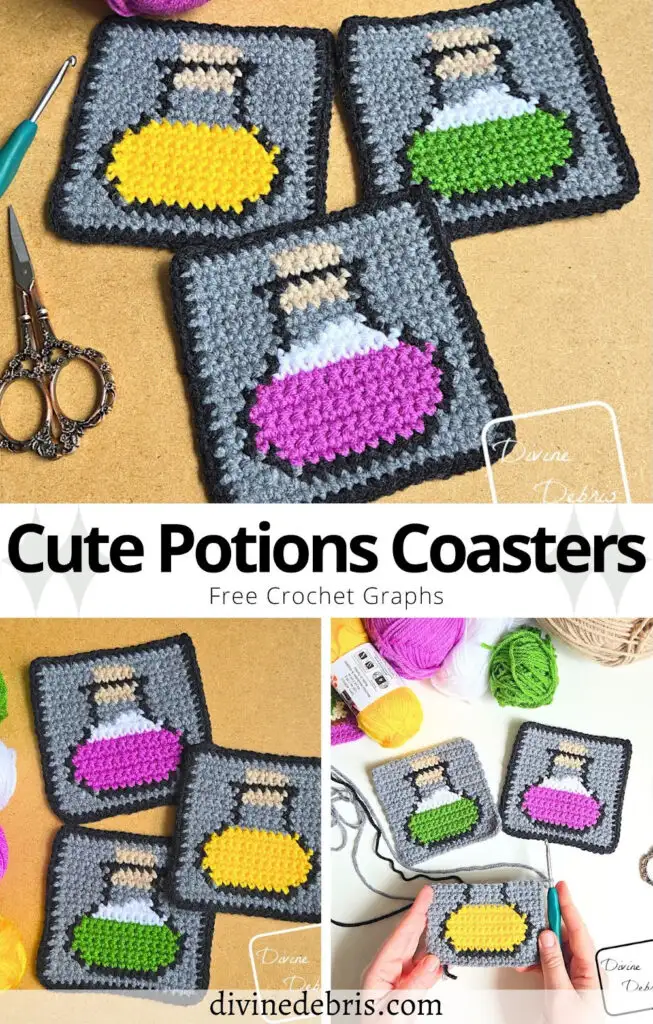 Learn to make the fun, colorful, and perfect for any time of year Cute Potions Coasters crochet graph pattern. Great for home use or as a part of other designs, like scarves, bags, and blankets. The graph can be used for crochet, knitting, Tunisian crochet, and any other fiber art.