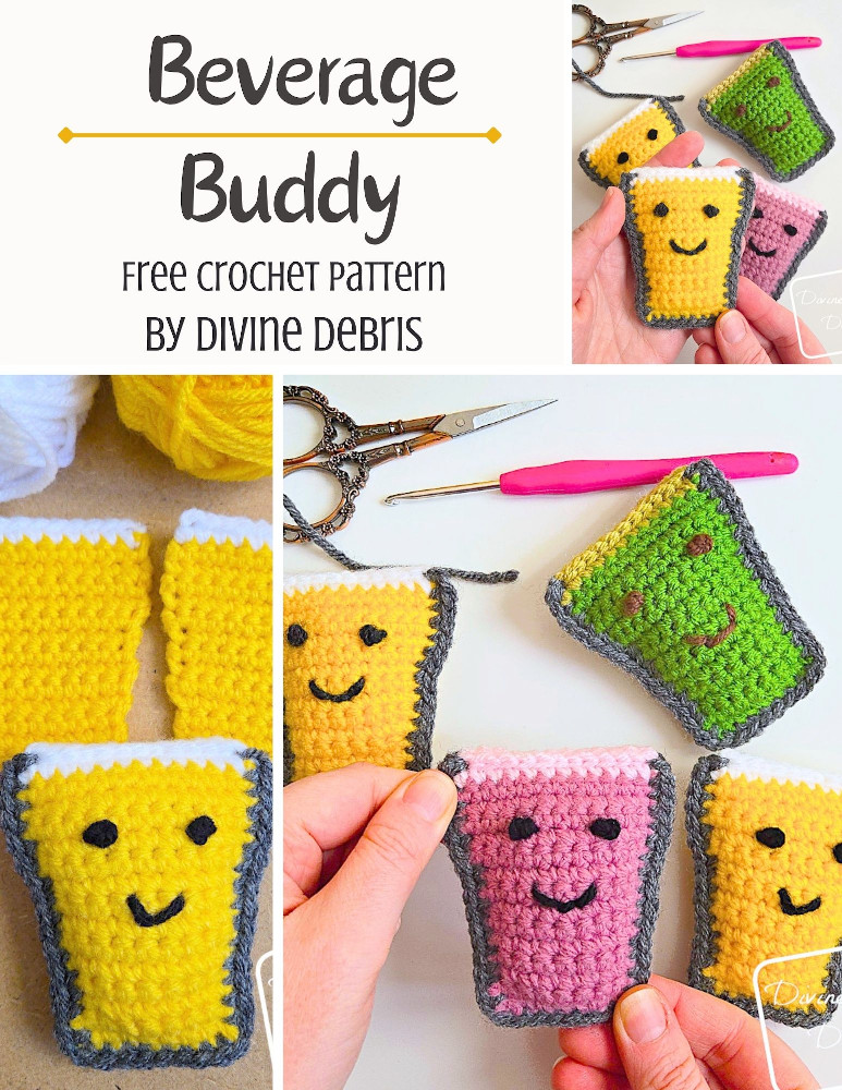 Learn to make the fun, silly, and super customizable new best friend using the free Beverage Buddy crochet pattern by Divine Debris