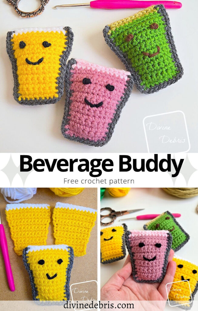 Learn to make the fun, silly, and super customizable new best friend using the free Beverage Buddy crochet pattern by Divine Debris