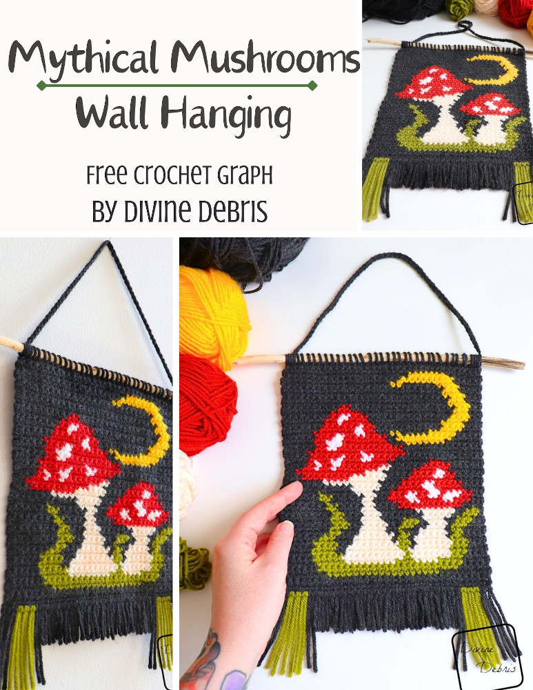 Find your whimsy and fun with this cute and easy to customize mushroom themed wall hanging - the Mystical Mushrooms Wall Hanging by Divine Debris. Great for crochet, knitting, Tunisian crochet, cross stitch, and more fiber arts.