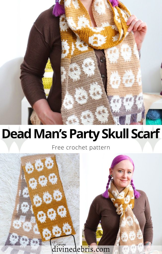 Learn to make the eye-catching and fun Halloween inspired design, the Dead Man's Party Skull Scarf crochet pattern by Divine Debris.