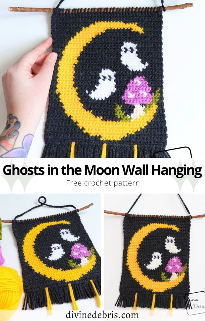 Find your whimsy in the spooky season with this cute and easy to customize ghosty moon themed wall hanging - the Ghosts in the Moon Wall Hanging by Divine Debris. Great for crochet, knitting, Tunisian crochet, cross stitch, and more fiber arts. 